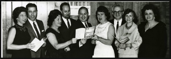 Merrick or Bellmore, New York, USA. 1965. Members of MBCCA Merrick Bellmore Community Concert Association, including 2 of the founders: Mary Ann Parry second from right, Leon Summit third from right. Bertha Winters also a founder.
