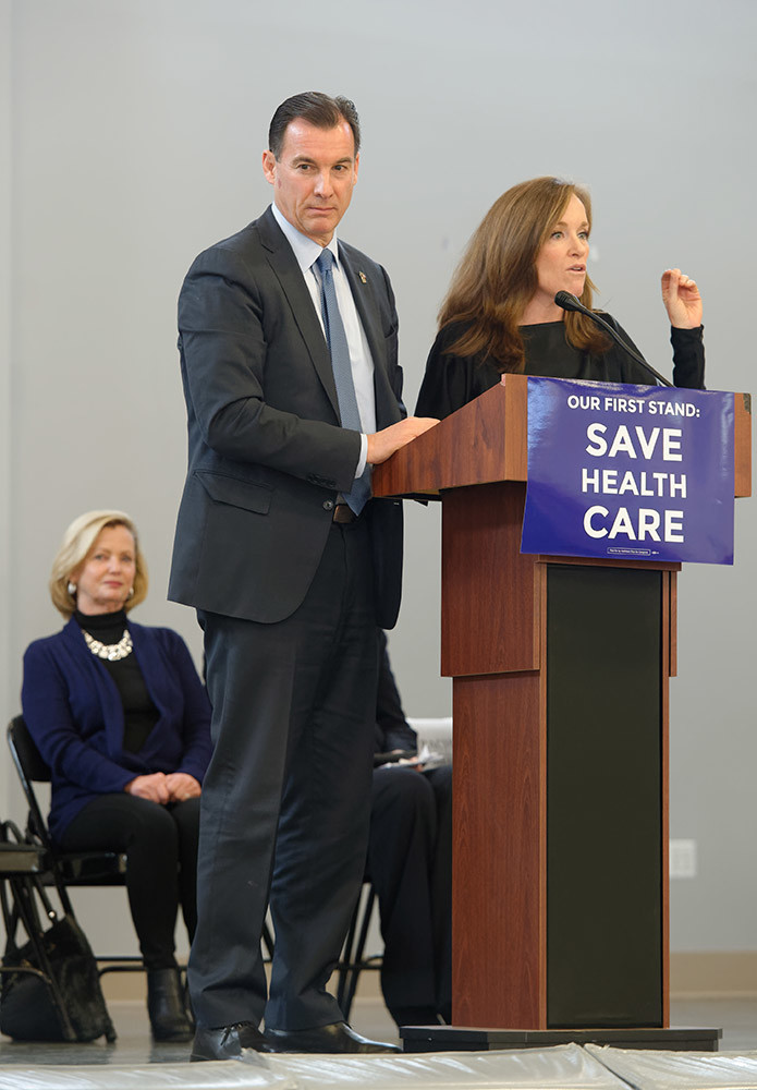 Westbury, New York, USA. January 15, 2017. At podium, L-R, Representative THOMAS SUOZZI (Democrat - 3rd Congressional District NY) and Rep. KATHLEEN RICE (Democrat - 4th Congressional District) is speaking at the "Our First Stand" Rally against Republicans repealing the Affordable Care Act, ACA, taking millions of people off health insurance, making massive cuts to Medicaid, and defunding Planned Parenthood. Hosts were Reps. T. Suozzi (Dem. - 3rd Congress. Dist.) and Rice.