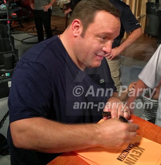 Actor KEVIN JAMES autographs copies of front cover of script after taping of first episode of Kevin Can Wait, at Gold Coast Studios, Long Uskand, New York, 2016.