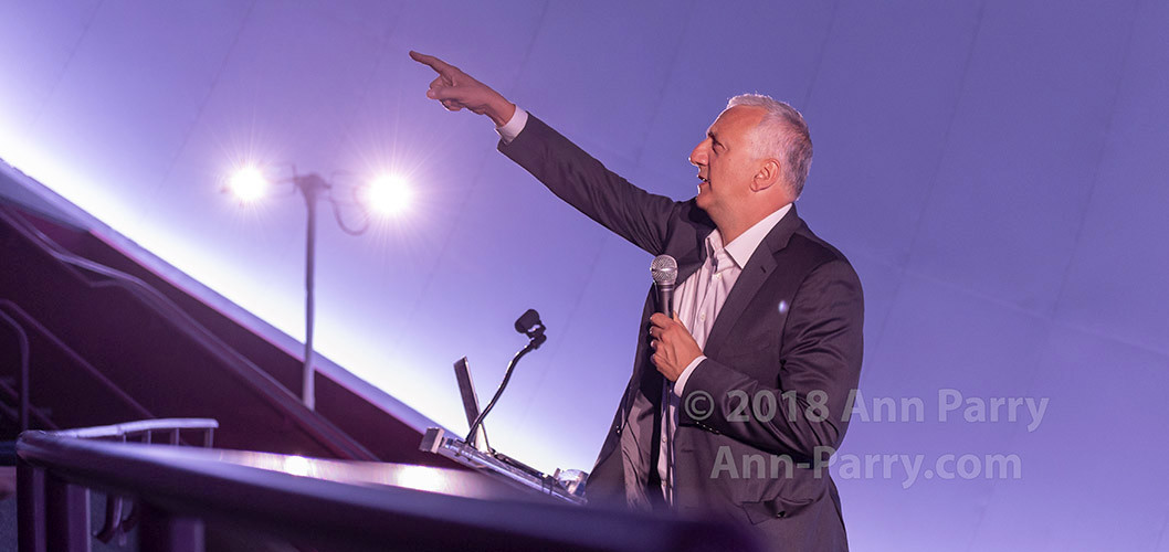Garden City, NY, USA. June 21, 2018. Space Shuttle Astronaut Mike Massimino gives free lecture in JetBlue Sky Theater Planetarium at Cradle of Aviation Museum.