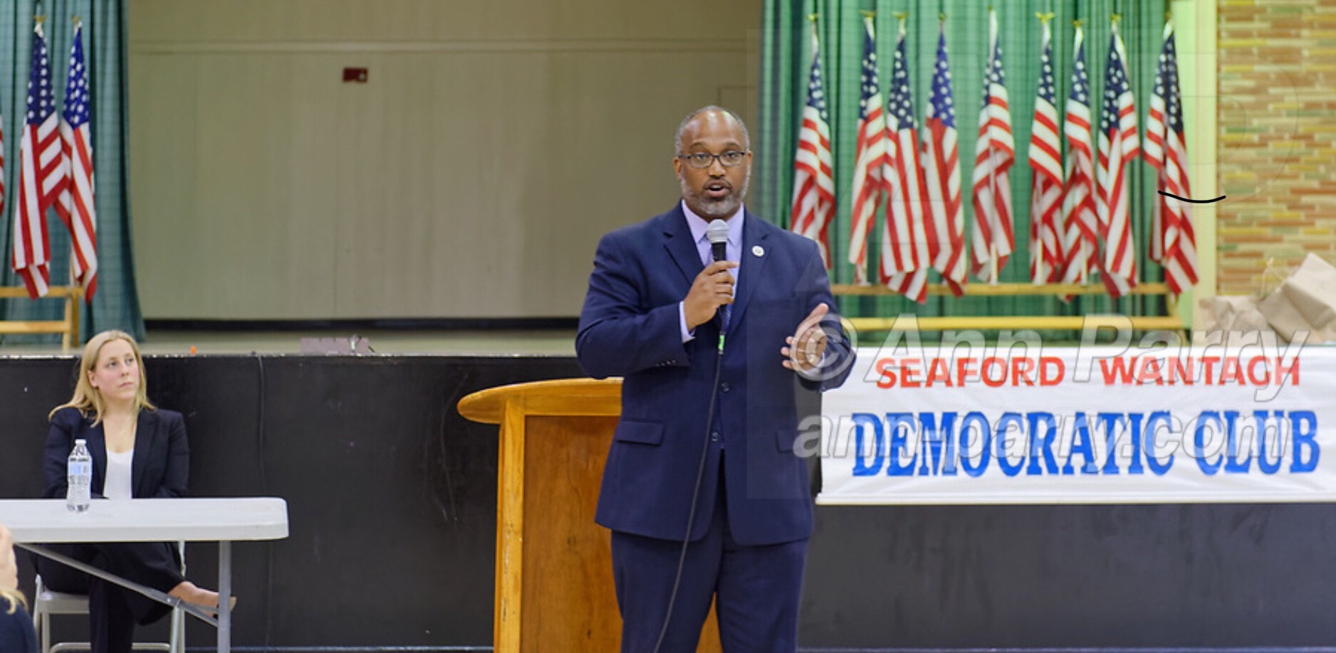 Levittown, NY, USA. June 4, 2018. Candidate Suffolk County Legislator DuWayne Gregory speaks during Congressional District 2 Democratic primary debate with Liuba Grechen Shirley held by Seaford Wantagh Democratic Club at Levittown Hall.