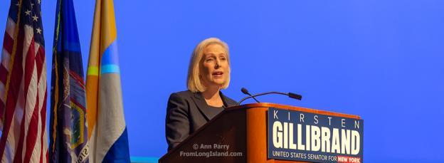 Hempstead NY, Oct. 5, 2018. Sen. Kirsten Gillibrand (D-NY) speaks at podium at start of Town Hall Meeting at Hofstra University, Long Island.