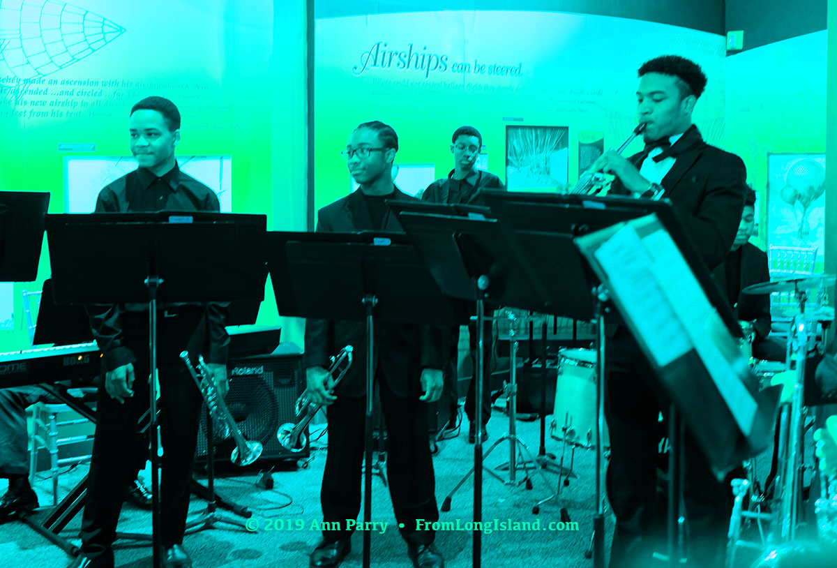 Garden City, New York, USA. June 6, 2019. The Freeport High School Upperclassmen Jazz Band entertains guests during the Cocktail Hour of the Apollo at 50 Anniversary Dinner, an Apollo astronaut tribute at the Cradle of Aviation Museum, celebrating the Apollo 11 mission Moon landing.