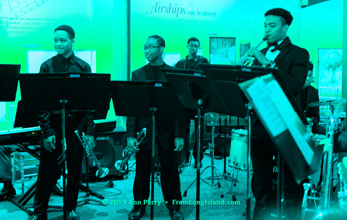 Garden City, NY, USA. June 6, 2019. The Freeport High School Upperclassmen Jazz Band entertains guests during the Cocktail Hour of the Apollo at 50 Anniversary Dinner, an Apollo astronaut tribute at the Cradle of Aviation Museum, celebrating the Apollo 11 mission Moon landing.