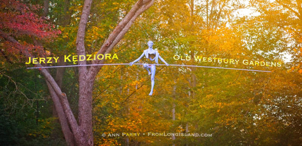 Old Westbury, New York, U.S. October 19, 2019. Statue is one of 33 by Jerzy Kędziora (Jotka) in his Balance in Nature outdoor sculptures exhibit held at Old Westbury Gardens.
