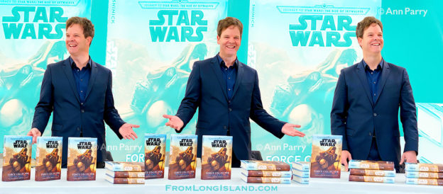 Merrick, New York, U.S. December 20, 2019. [photo composite] KEVIN SHINICK discusses his novel during book signing for STAR WARS: FORCE COLLECTOR at North Merrick Library on Nassau County Force Collector Day. Author Shinick named home planet of Karr Nuq Sin, the main character of this canon Star Wars young adult novel, MEROKIA in honor of Merokee tribe who settled his Merrick hometown on Long Island. (© 2019 Ann Parry, AnnParry.com)