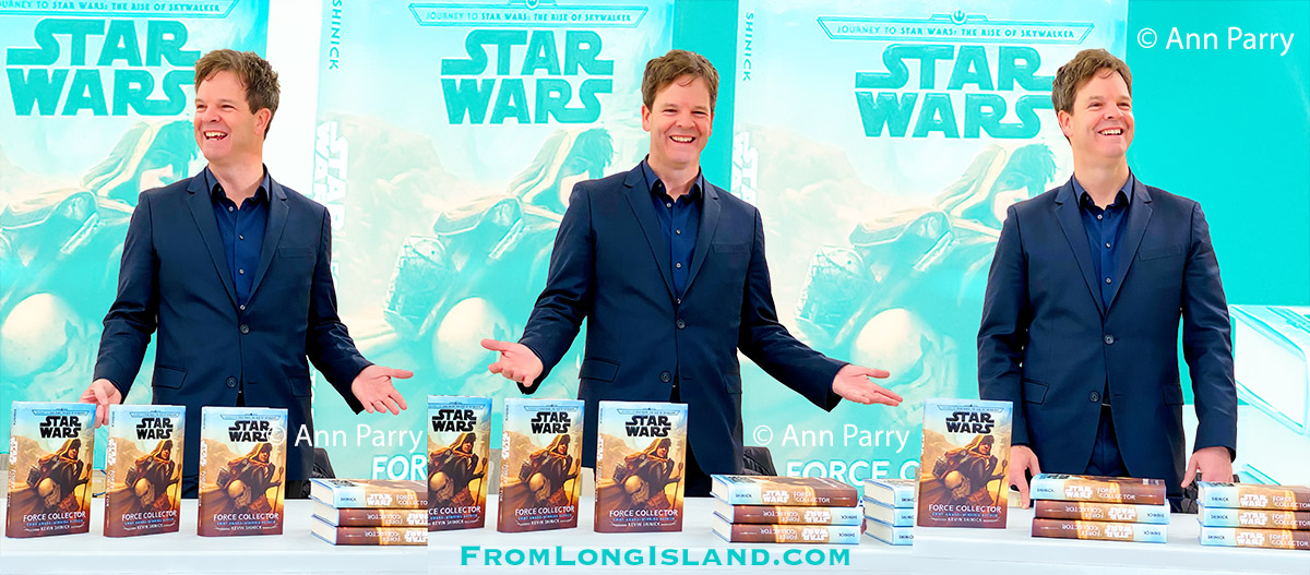 Merrick, New York, U.S. December 20, 2019. [photo composite] KEVIN SHINICK discusses his novel during book signing for STAR WARS: FORCE COLLECTOR at North Merrick Library on Nassau County Force Collector Day. Author Shinick named home planet of Karr Nuq Sin, the main character of this canon Star Wars young adult novel, MEROKIA in honor of Merokee tribe who settled his Merrick hometown on Long Island.