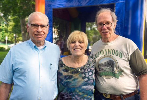 Merrick, New York, USA. July 2, 2016. L-R, BOB CHINSKY, JOYCE CHINSKY, BOB STUHMER are in front of Bouncy Castle at Emily's First Birthday Party, hosted by her Mom and Dad at Nana Ann's home.