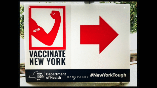 Vacinate New York sign with arrow animated © 2021 Vacinate New York sign with arrow animated, © 2021 Ann Parry, FromLongIsland.com, Ann-Parry.com