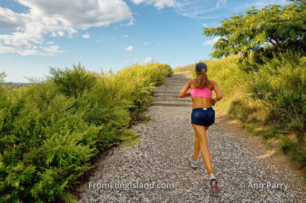 South Merrick, New York, USA. Woman is running uphill on Norman J Levy Park and Preserve Trail, on south shore of Long Island. (© 2014 Ann Parry, annparry.com)