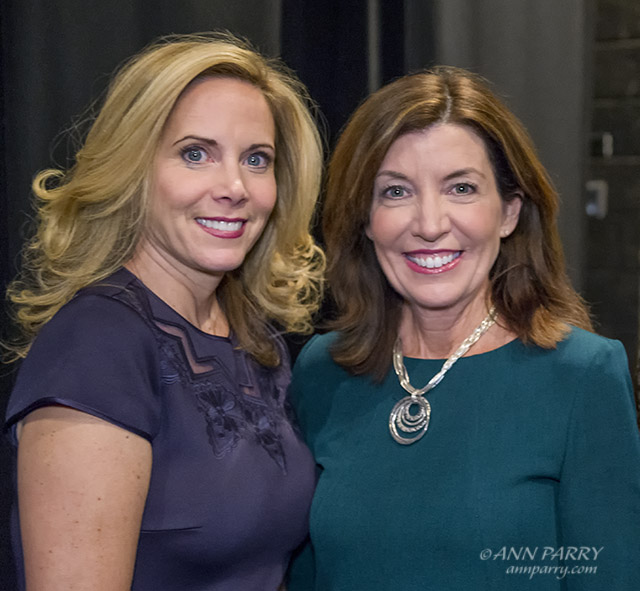 Hempstead, New York, USA. January 1, 2018. L-R, Hempstead Town Supervisor LAURA GILLEN and New York State Lt. Governor KATHY HOCHUL pose for photo shortly before Lt. Gov. swears-in Gillen, at Hofstra University.