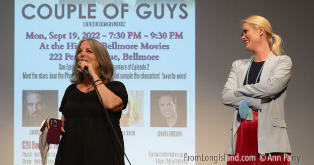 Bellmore, New York, U.S. September 19, 2022. L-R, DEBRA MARKOWITZ and ABIGAIL HAWK are speaking on stage during Fundraiser for 'Couple of Guys' limited series held at historic Bellmore Movies. (© 2022 Ann Parry, annparry.com)