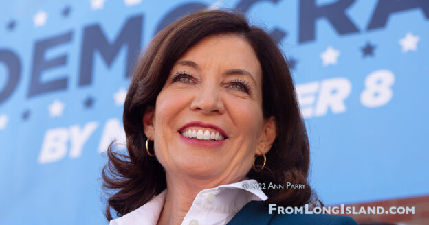 Mineola, New York, U.S. October 30, 2022. New York Governor KATHY HOCHUL (Democrat) is on stage at Nassau County rally held outdoors at Local 338, RSDSU UFCW workers union site on Long Island. © 2022 Ann Parry, annparry.com (blog post feature photo)