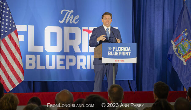 Garden City, New York, USA. April 1, 2023. Florida Governor RON DESANTIS speaks during event when the Nassau County GOP hosts the Gov. DeSantis program on The Florida Blueprint at the Cradle of Aviation, on Long Island. (© 2023 Ann Parry, fromlongisland.com) Feature photo of blog post