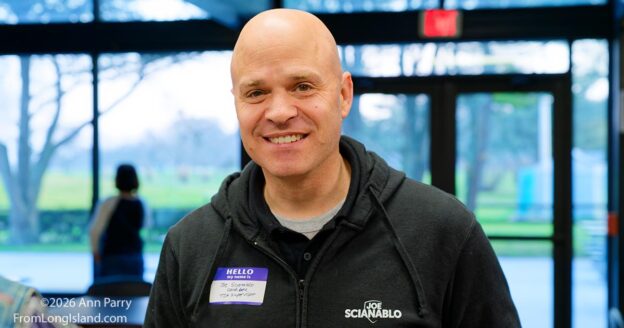 Merrick, New York, U.S. March 26, 2026. JOE SCIANABLO, Democratic candidate for Town of Hempstead Supervisor, speaks during the Bellmore Merrick Democratic Club meeting.