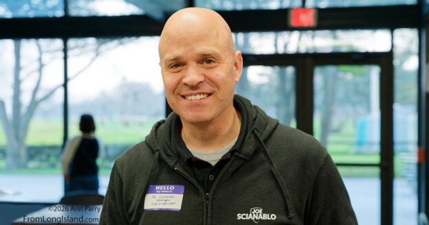 Merrick, New York, U.S. March 26, 2026. JOE SCIANABLO, Democratic candidate for Town of Hempstead Supervisor, speaks during the Bellmore Merrick Democratic Club meeting.