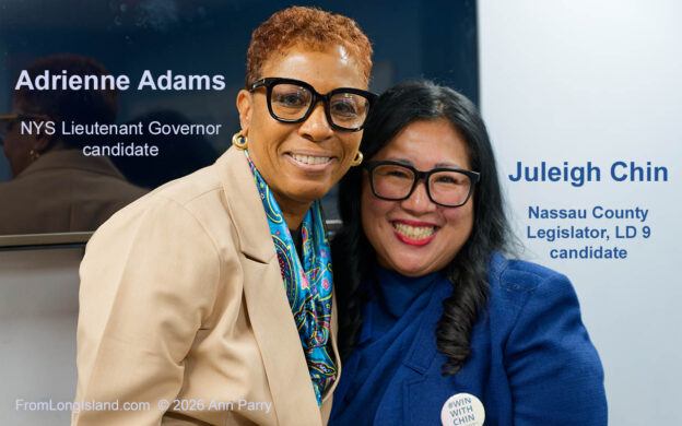 Garden City, New York, U.S. April 29, 2026. At left, ADRIENNE ADAMS, candidate for New York State Lieutenant Governor, is the special guest at the Nassau Women's Democratic Caucus monthly meeting. JULEIGH CHIN, candidate for Nassau County Legislator, District 9, introduced Adams. (© 2026 Ann Parry, annparry.com)