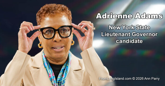 Garden City, New York, U.S. April 29, 2026. ADRIENNE ADAMS, candidate for New York State Lieutenant Governor, is the special guest at the Nassau Women's Democratic Caucus monthly meeting. (© 2026 Ann Parry, annparry.com). Blog post Feature Photo
