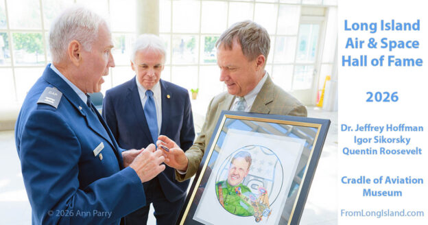 Garden City, New York, U.S. June 8, 2026. L-R, Deputy Commander BILL BROCHU, of cadet Civil Air Patrol (CAP) Squadron 288; ANDREW ROOSEVELT; and ANDY PARTON, President of Cradle of Aviation Museum, are at the 14th Annual Long Island Air & Space Hall of Fame Luncheon, at CAM. Buchner presented a 288 Challenge Coin and a squadron patch to Roosevelt, who represented the Roosevelt family. Quentin Roosevelt, Dr. Jeffrey Hoffman, and Igor Sikorsky were the inductees.
